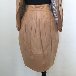 Tan Leather Pencil Skirt With Pockets